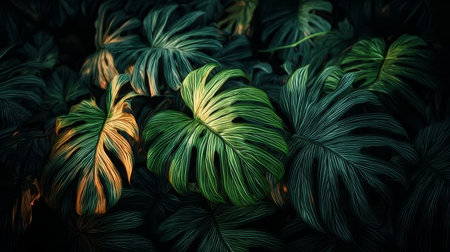 Vibrant Luxury Pattern Featuring Jungle Foliage Plants in Abstract Art for Tropical Interior Designの素材