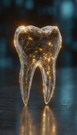 Glowing Tooth Model with Networked Filaments, Symbolizing Innovation in Modern Dentistryの素材