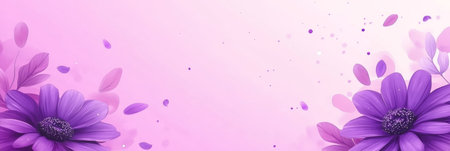 Elegant Floral Arrangement Featuring Soft Pink Background with Blooming Violet Daisies and Petalsの素材