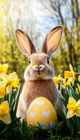 Charming bunny surrounded by colorful daffodils with a painted yellow Easter egg in springtime.の素材