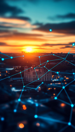 Futuristic London Skyline at Sunrise with Digital Network Overlay, Symbolizing Global Connectivityの素材