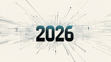 Futuristic Visualization of 2026 with Digital Network Connections and Data Flow on White Backgroundの素材