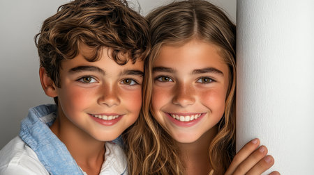 Two Young Children, a Boy and a Girl, Joyfully Playing Hide and Seek in a Studio Setting, Smilingの素材