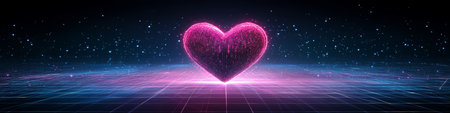 Glowing Digital Heart on Cybernetic Grid Background A Modern Celebration of Love and Technologyの素材