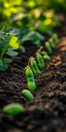 Vibrant Green Pea Pods Growing in Rich Soil, A Close Up of Fresh Organic Produce in Garden Bedsの素材