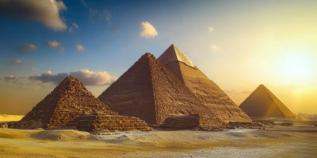 Stunning View of the Majestic Egyptian Pyramids Under a Clear Blue Sky on the Giza Plateauの素材