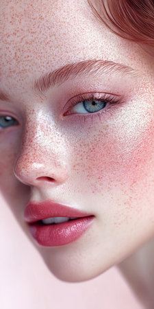 Close-Up of a Beautiful Woman s Face with Freckles and Soft Pink Make-Up, Exuding Natural Calmnessの素材