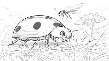 Charming Ladybug Garden Adventure A Colorful Scene with Happy Ladybugs, Flowers, and Joyful Natureの素材