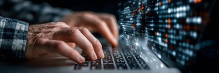 Futuristic data analysis setup with user coding on computer, advanced programming and big data.の素材