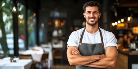 Confident Handsome Restaurateur Welcomes Guests in Modern Dining Establishment with Styleの素材