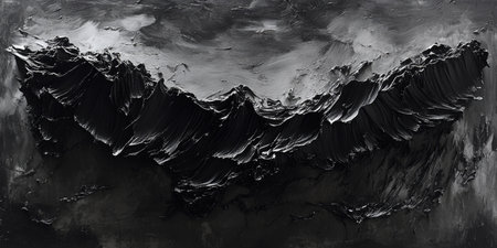 Dramatic Mountain Landscape with Dark Textures and Rugged Peaks Under an Atmospheric Skyの素材