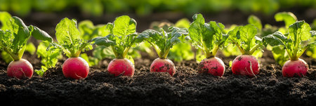 Vibrant Organic Radishes Growing in Sunlight, Freshly Harvested from a Lush Vegetable Garden Settingの素材