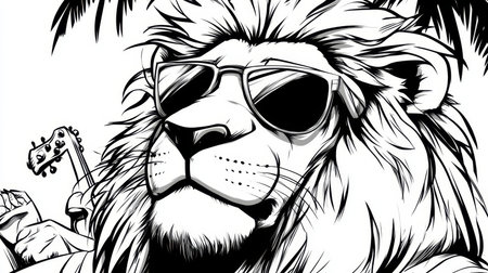 Chill Lion Character in Sunglasses, Relaxed Jungle Vibes, Whimsical Style for Summer Coloring Funの素材