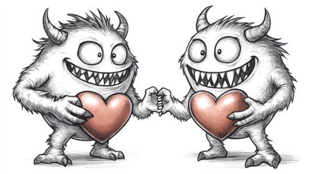 Heartfelt Monsters Adorable Creatures Spreading Love Through Colorful Art and Furry Companionsの素材