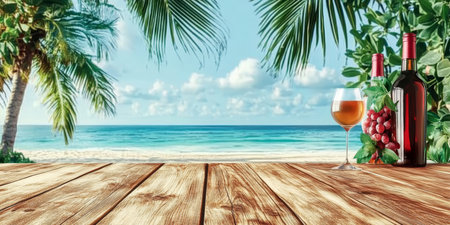 Tropical Paradise Beachfront Wine Glass, Swaying Palm Trees, and Azure Horizon on a Sunny Dayの素材