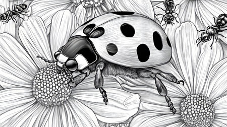 Cheerful Ladybug Picnic in a Flower Garden with Ants Gathering, Grayscale Detailed Scene Harmonyの素材