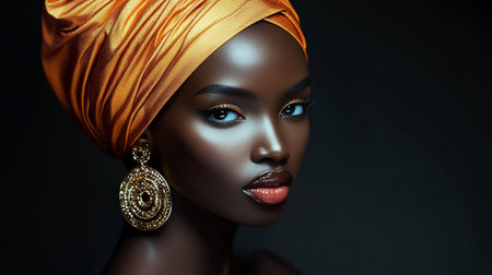 Radiant African Woman Captivating Elegance in Gold Headwrap and Earrings against a Dark Backdropの素材