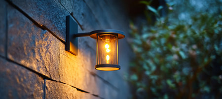 Stylish outdoor wall light fixture illuminating textured home facade for ambiance and security.の素材
