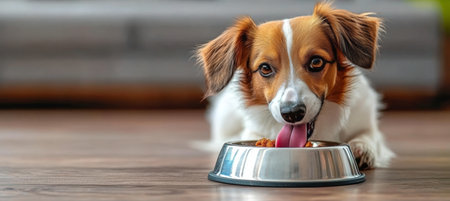 Joyful Moment of a Small Dog Eagerly Licking Its Food Bowl Clean in a Cozy Domestic Settingの素材