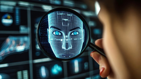 Person Examining AI Face Design for Biometric Security and Financial Data Identification Accessの素材