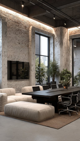 Modern Business Presentation Room Featuring Minimalist Design, Brick Walls, and Large Windowsの素材