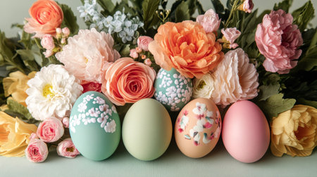 Colorful Pastel Easter Eggs Nestled Among Blooming Flowers for a Joyful Springtime Celebrationの素材