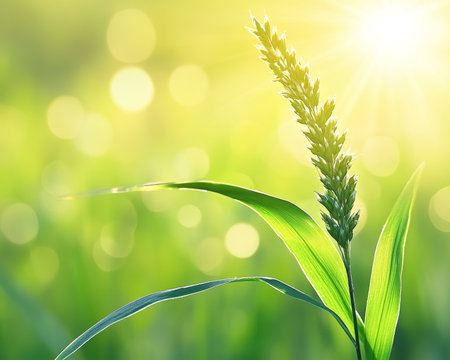 Radiant Early Morning Sunlight on a Single Blade of Grass in Summer with a Serene Bokeh Effectの素材