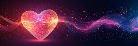 A Stunning Abstract Digital Art Piece Featuring a Vivid Heart Surrounded by Radiant Light Wavesの素材