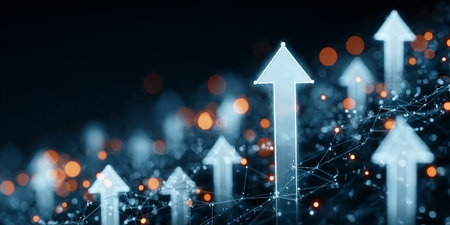 White Arrows Rising in a Futuristic Tech Landscape, Symbolizing Growth, Progress, and Innovationの素材