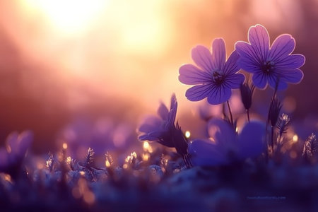 Stunning Sun-Kissed Meadow with Vibrant Purple Flowers Blooming in a Serene Natural Landscapeの素材