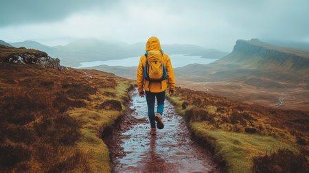 Adventurous hiker navigating a wet and rugged mountain path surrounded by stunning natural beautyの素材