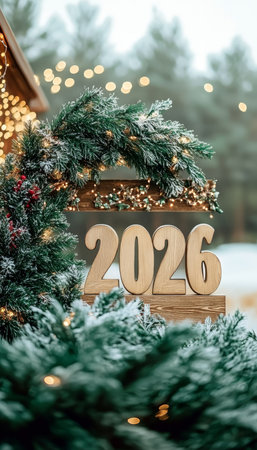 Delightful New Year 2026 Scene with Rustic Wooden Numbers on Winter Backdrop, Holiday Greetings Cardの素材