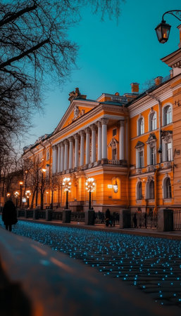 Winter Evening in St. Petersburg Yellow Building Facade with Cobblestone Streets and Street Lightsの素材