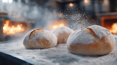 Artisan Baker Preparing Sourdough Breads in Rustic Bakery, Flour Dust in Air, Freshly Baked Goodsの素材