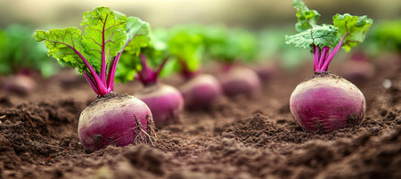 Close-Up of Young Organic Beets Cultivated in Open Soil, Showcasing Fresh Seasonal Vegetablesの素材