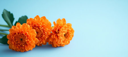 Vibrant Bright Orange Chrysanthemums Blooming Beautifully Against a Serene Aquamarine Backgroundの素材