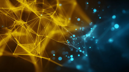 Intricate Golden Mesh with Turquoise Nodes Representing a Complex Network of Data Connectionsの素材