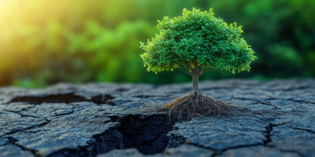Resilient tree sprouting through cracked grey concrete, symbolizes growth amid adversity and hope.の素材