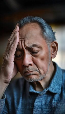 Worried Middle-aged Senior with Headache and Stress at Home, Feeling Unhappy and Concernedの素材