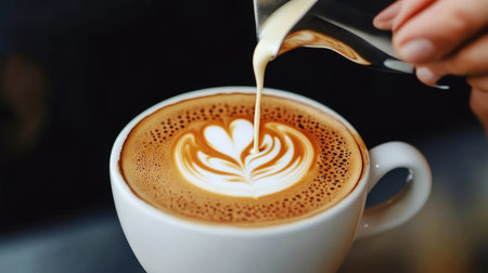 Delicious foamy cappuccino with artistic milk froth design in a cozy gourmet cafe setting.の素材