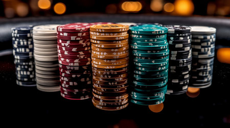 Stacks of Assorted Value Casino Game Chips in Various Colors for Board Games and Betting Funの素材