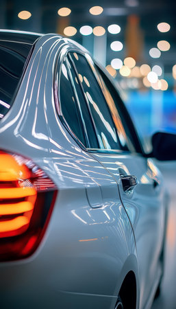 Stunning Reflection of a Parked Automobile in the Sun, Showcasing Modern Design and Colorful Finishの素材