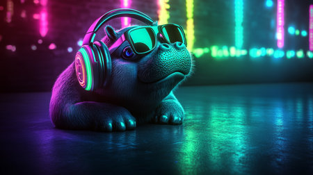Funky illuminated hippo character in neon colors, enjoying music with headphones and sunglassesの素材