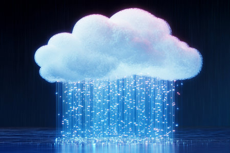 Fluffy Cotton-Like Cloud Unleashing a Futuristic Stream of Binary Code Rain for Tech Connectivityの素材