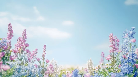 Vibrant Pastel Dreamscape Featuring a Colorful Wildflower Tapestry Under a Soft Blue Skyの素材
