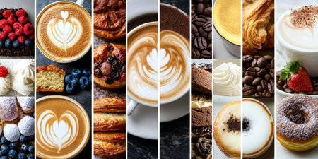 Artisan Coffee Drinks and Delicious Pastries Displayed Together for a Perfect Morning Delightの素材