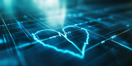 Heartbeat Pulse Trace Background with Heart Silhouette for Health Vitality and Technology Designの素材