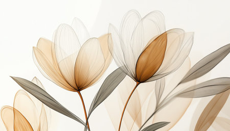 Pastel Xray Effect Floral Artwork in Beige Palette with Delicate Blossoms and Warm-Neutral Tonesの素材
