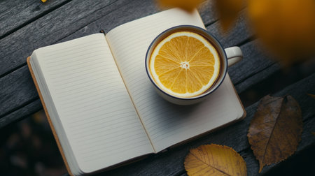 Refreshing Cup of Tea with Fresh Orange Slices on Rustic Wooden Table and Open Notebook for Planningの素材