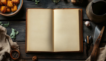 Cozy Rustic Kitchen Scene Featuring Open Notebook, Fresh Ingredients, and Vegetarian Cooking Ideasの素材